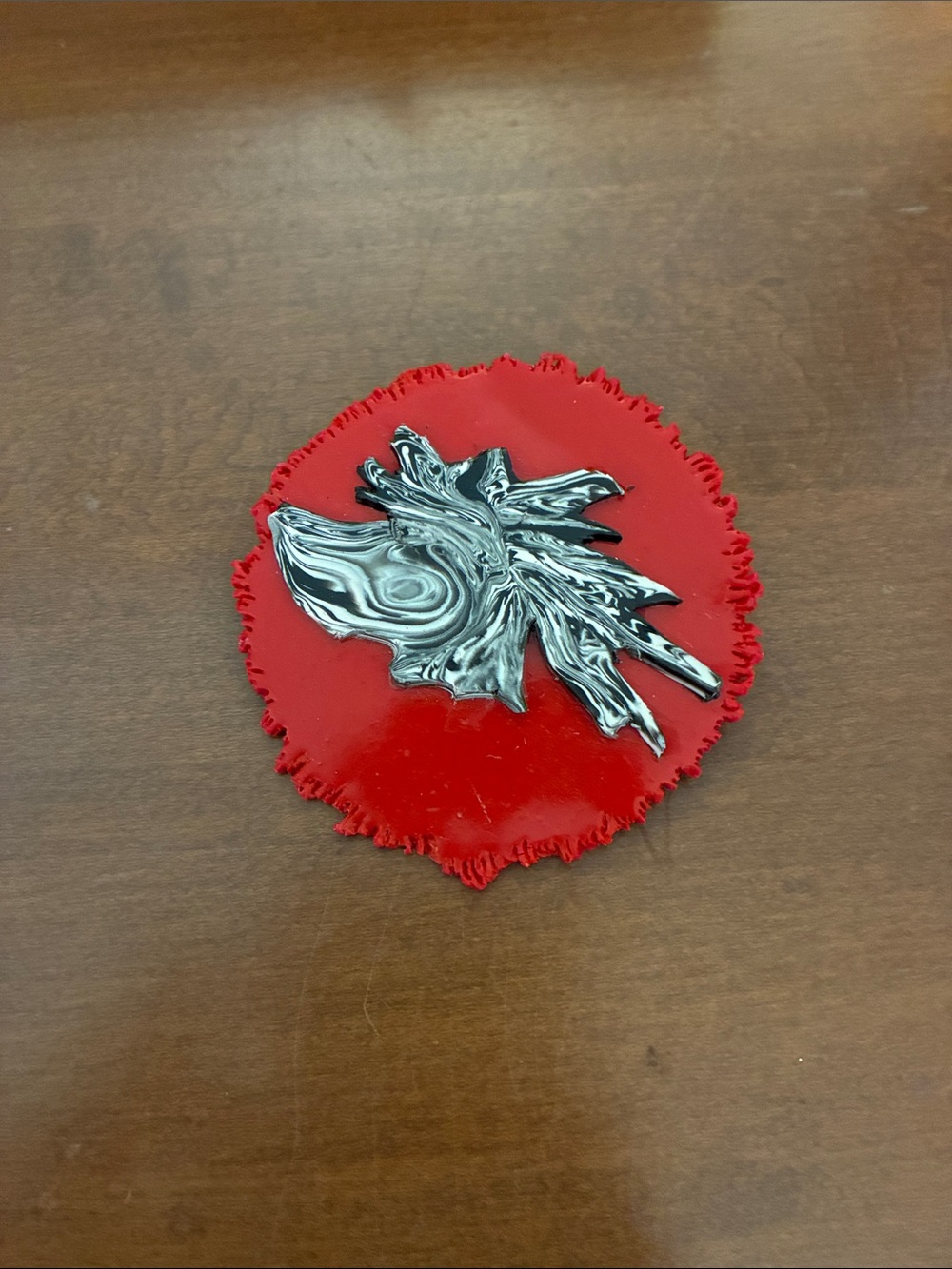 Handcrafted Red clay Decorative pin with Black & White Marbled detail